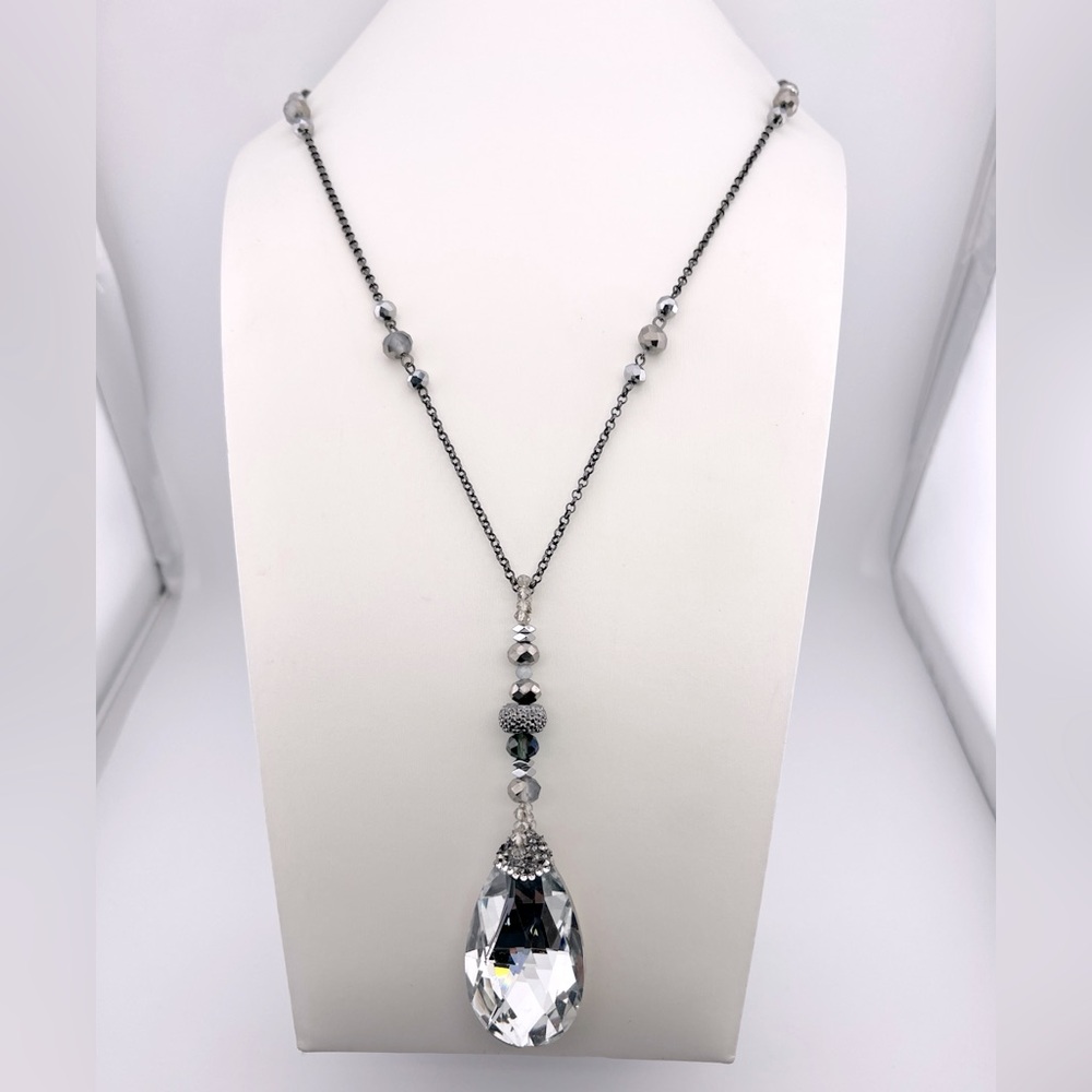 Stunning Silver and Black Toned Teardrop With XL Crystal Pendant Necklace
